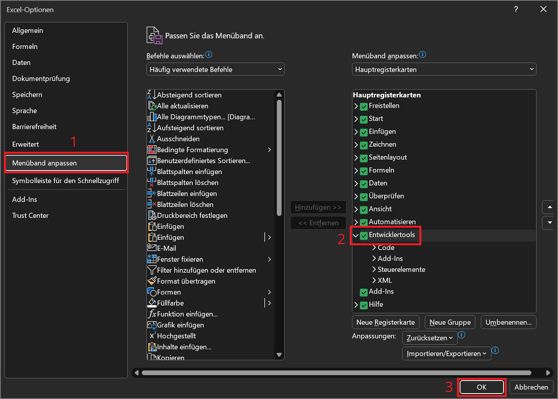 Visualizza gli strumenti per sviluppatori nelle Opzioni di Excel