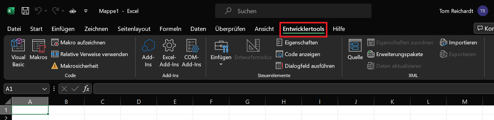 Il riquadro Strumenti per sviluppatori in Excel