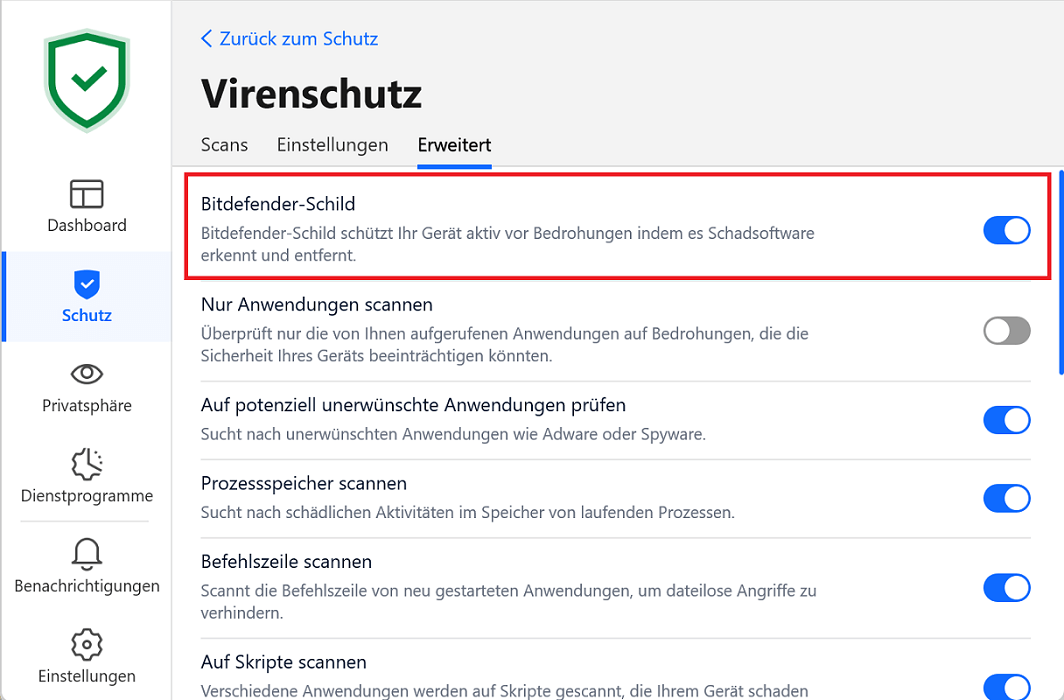 Disattiva Bitdefender nelle Impostazioni