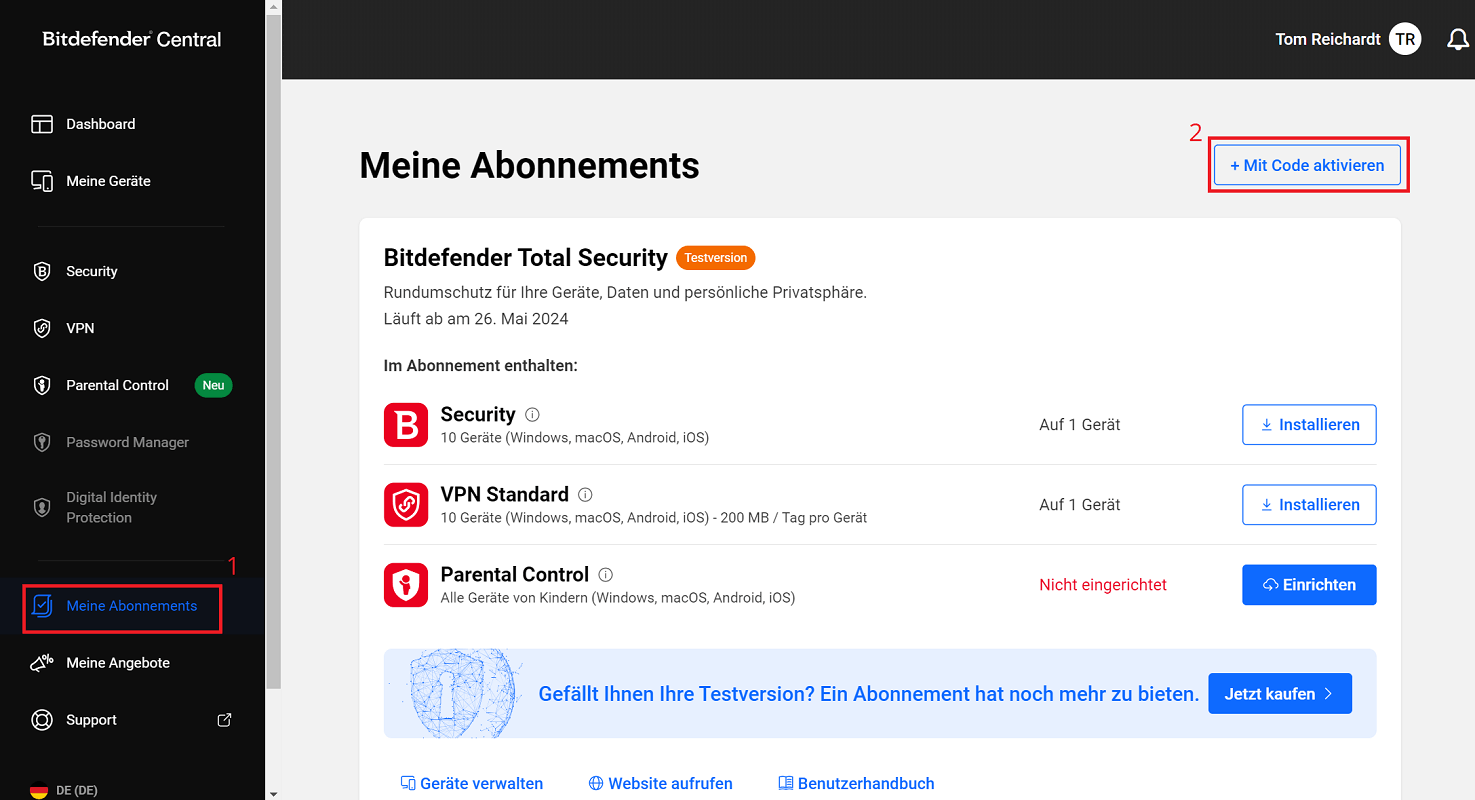 Estendi il codice di attivazione e attiva Bitdefender