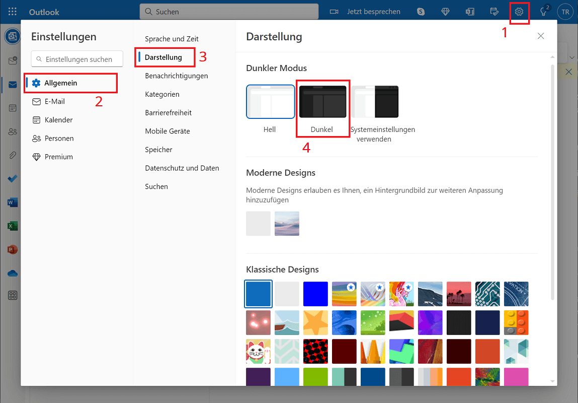 Attiva la modalità oscura in Outlook nel browser Internet