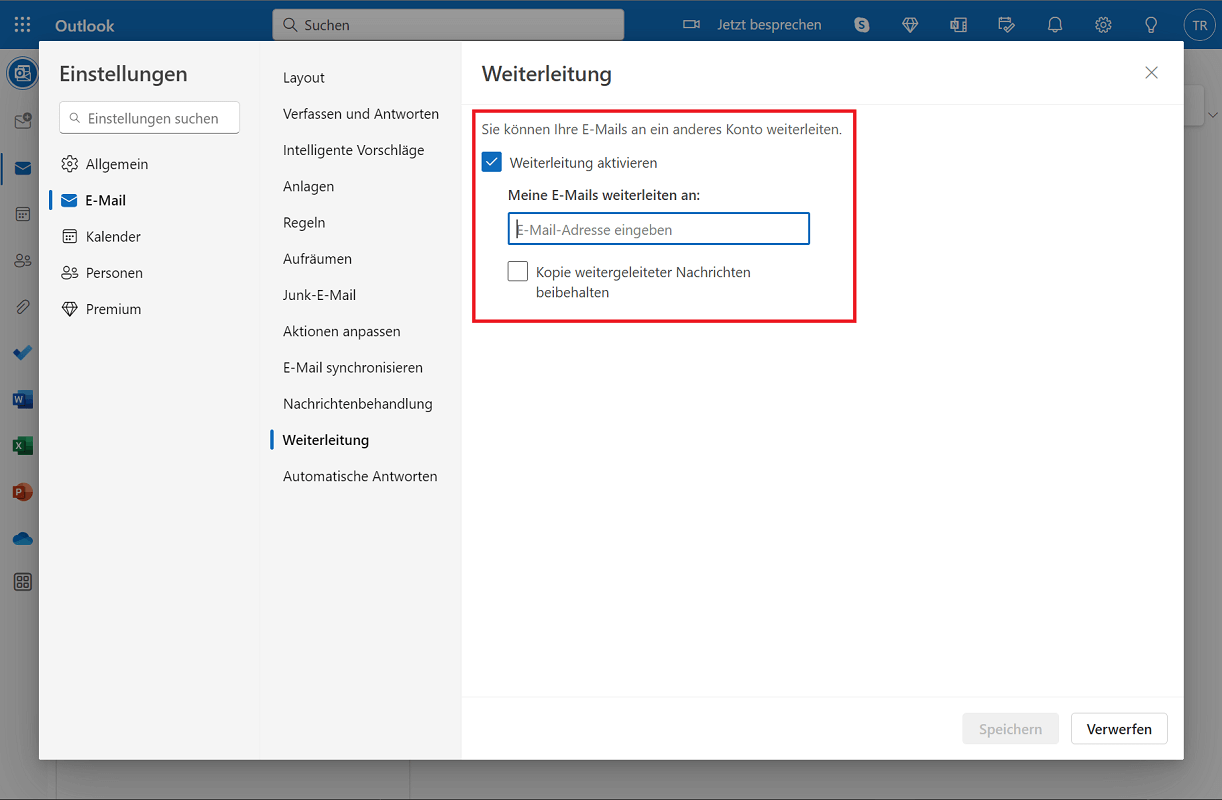Configura l'inoltro e-mail nella versione web di Outlook