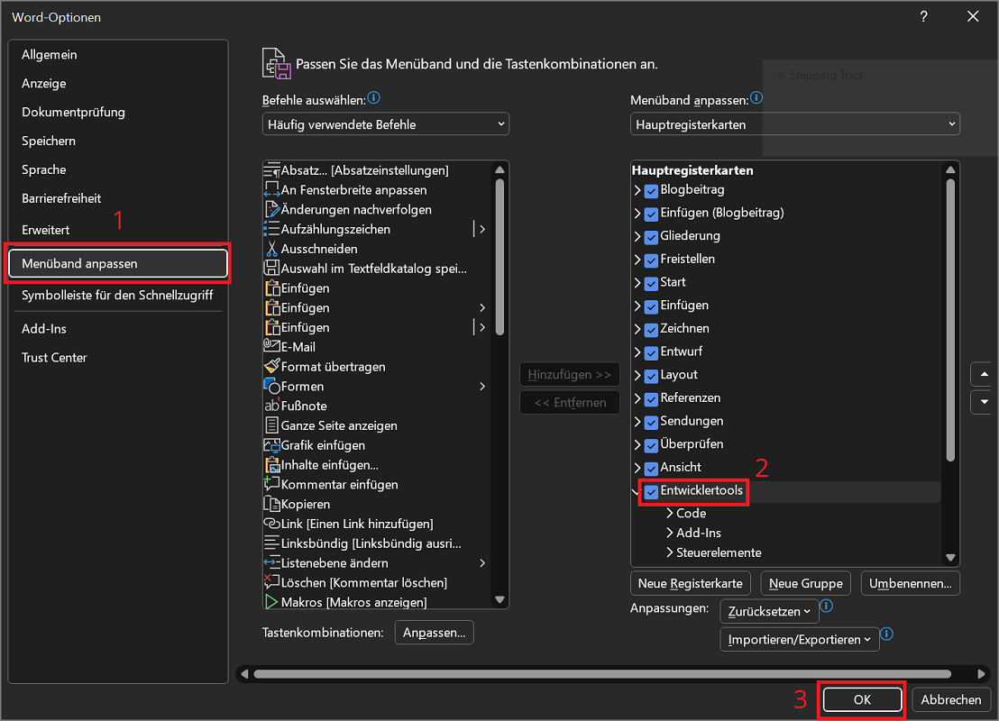 Abilita gli strumenti per sviluppatori in Word