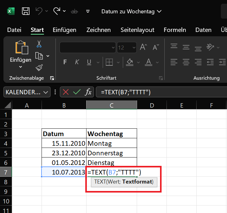 Mit der Excel-Formel TEXT den Wochentag anzeigen