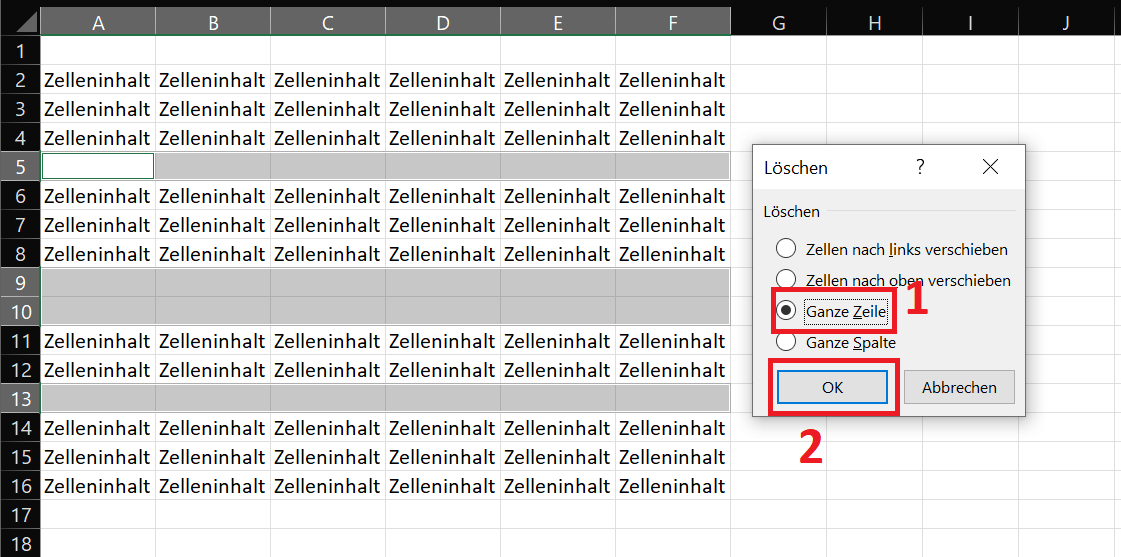 Elimina l'intera riga vuota in Excel