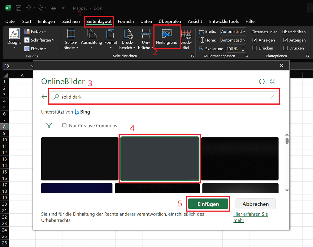 Excel: Hintergrund der Zellen dunkel darstellen