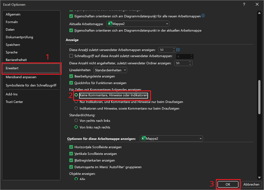 Indikatoren der Kommentare in Excel ausblenden