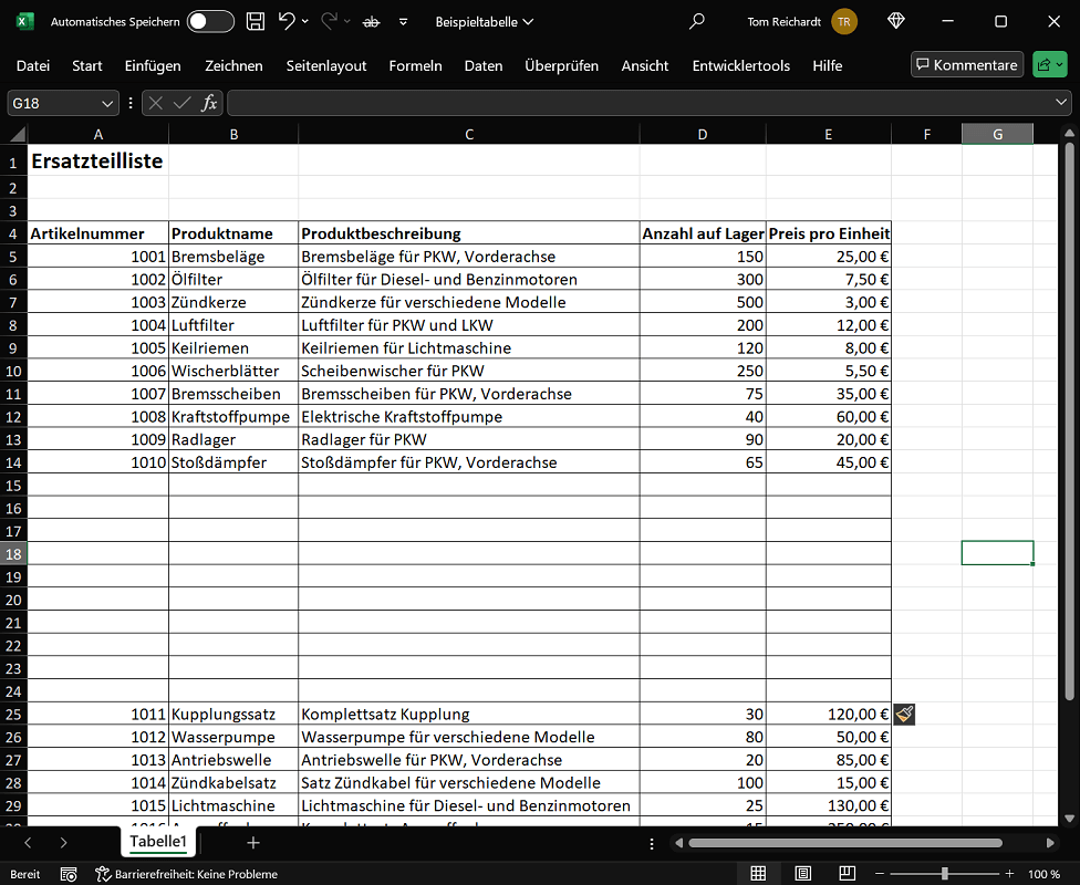 Das fertige Ergebnis beim Einfügen von mehreren Zeilen in Excel