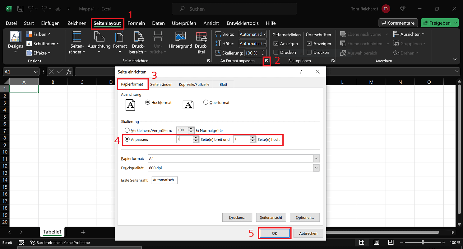 Converti un foglio di calcolo Excel in PDF su una pagina