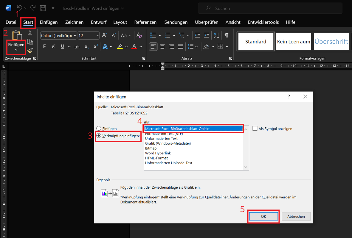 Collega la tabella Excel in Word