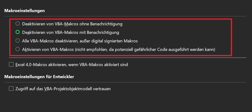 Impostazioni di sicurezza macro individuali in Excel