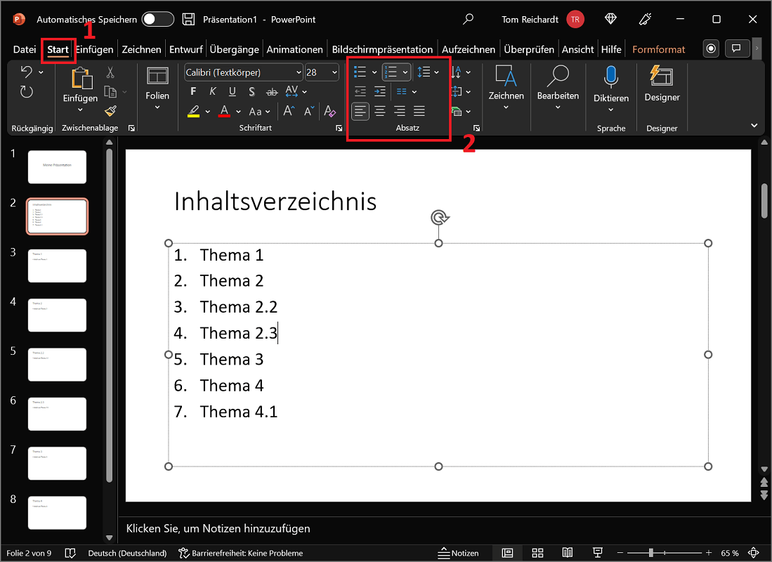 Aggiungi numerazioni o punti elenco in PowerPoint