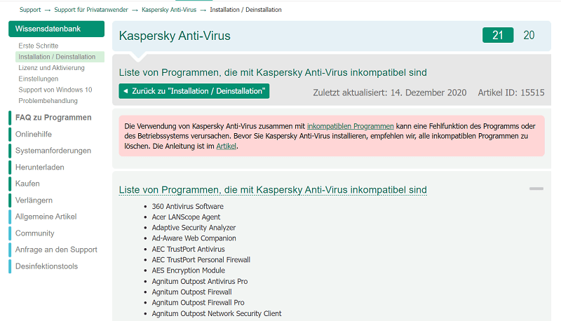 Elenco di tutti i programmi incompatibili con Kaspersky Tools