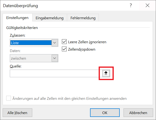 Menu Excel con la funzione di convalida dei dati