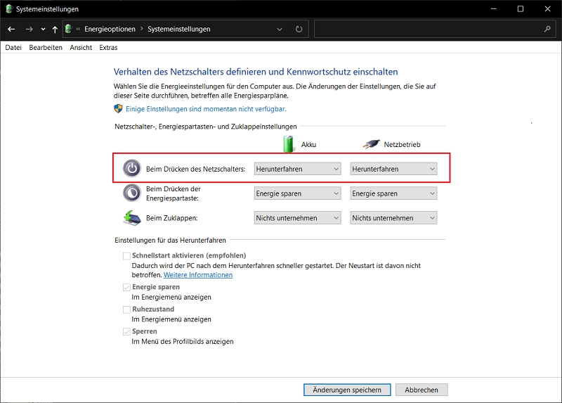Configurazione del pulsante di accensione per l'arresto rapido di Windows 10