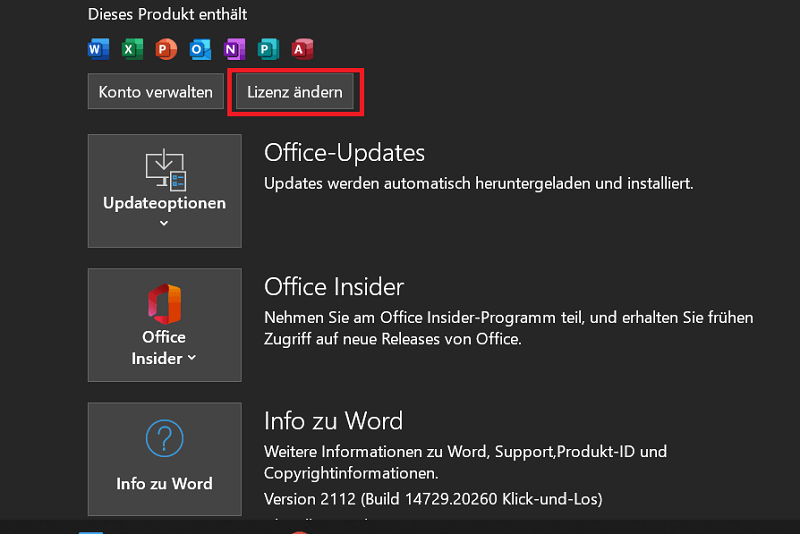 Cambia Office 2016 Digita le opzioni