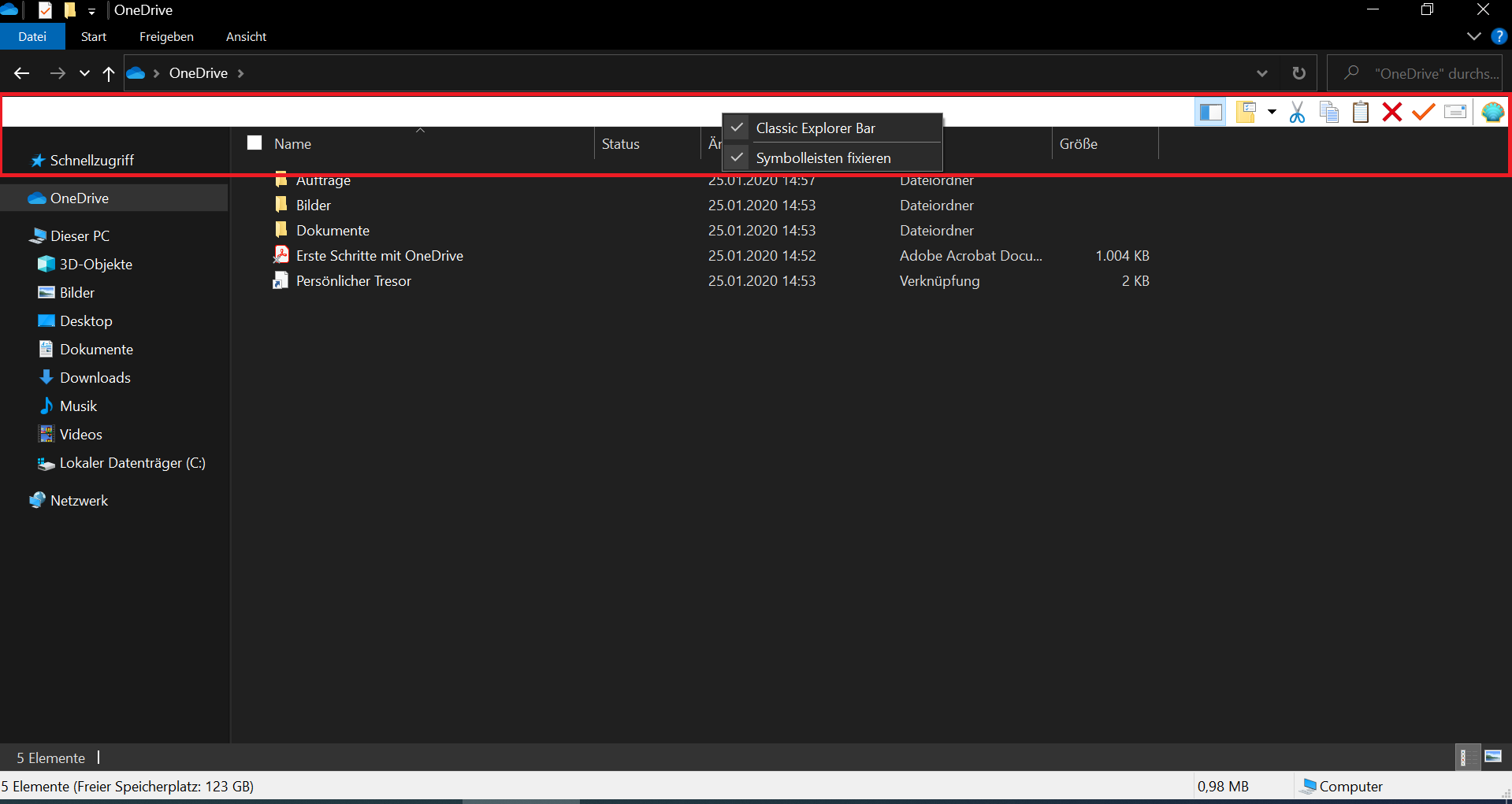 Im Windows 10 Explorer die Men&uuml;leiste von Open Shell entfernen