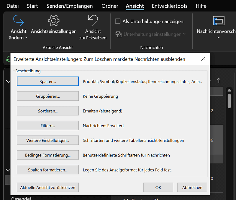 Impostazioni di visualizzazione di Outlook