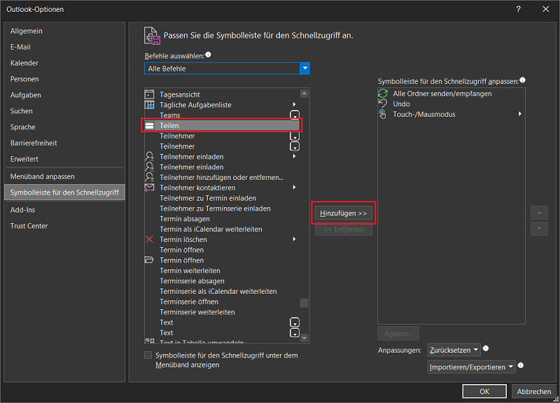Aggiungi la funzione di condivisione nelle impostazioni di Outlook