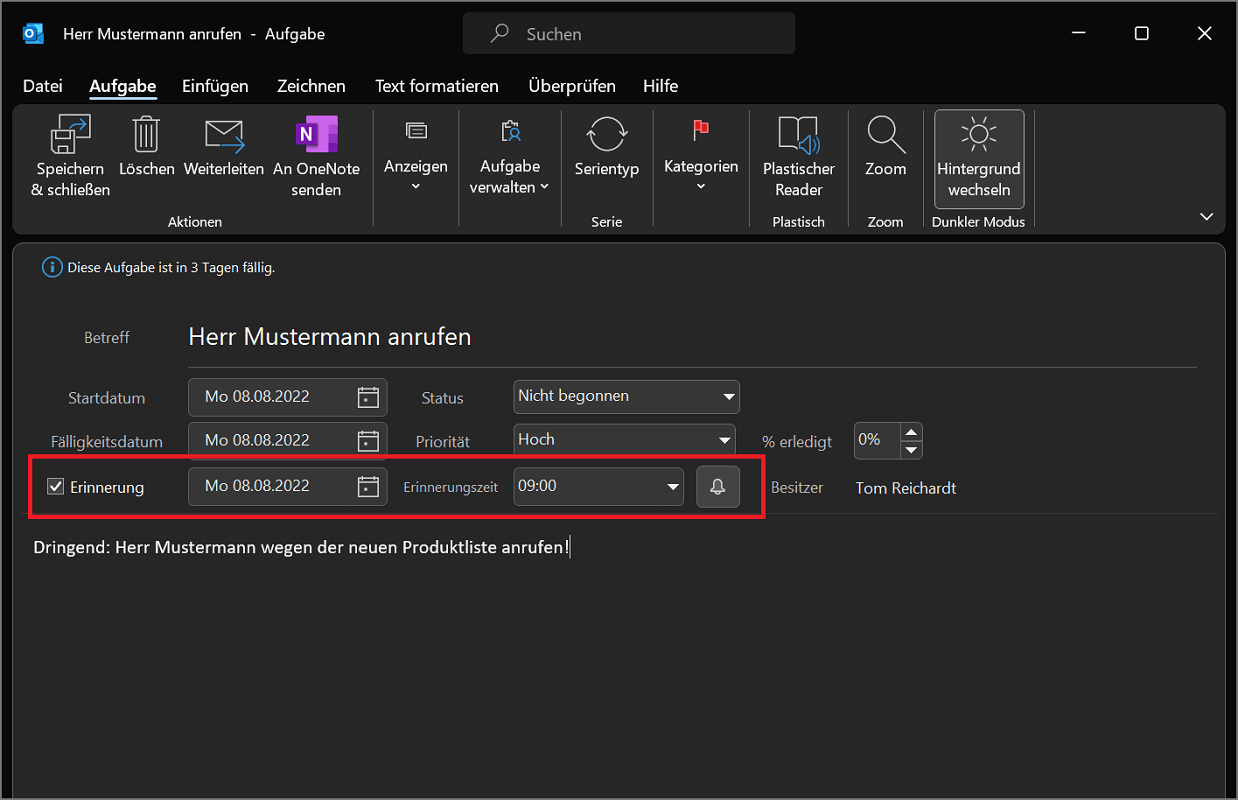 Crea un promemoria di Outlook per un'attività