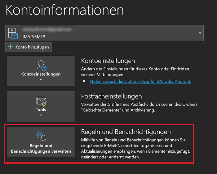 Informazioni sull'account Outlook per l'impostazione di regole, notifiche e risposte automatiche