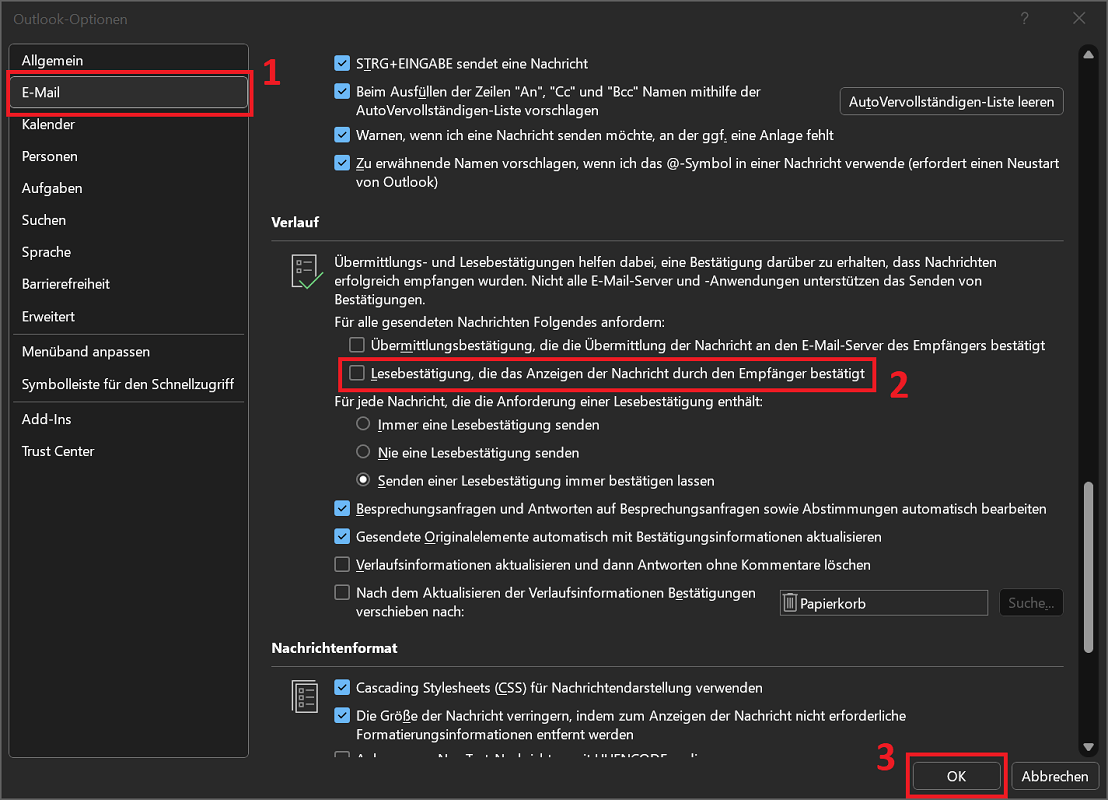 Abilita le conferme di lettura di Outlook nelle opzioni