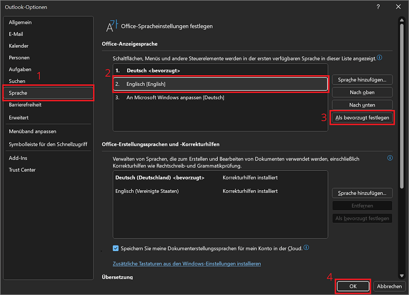 Cambia la lingua nelle opzioni di Outlook