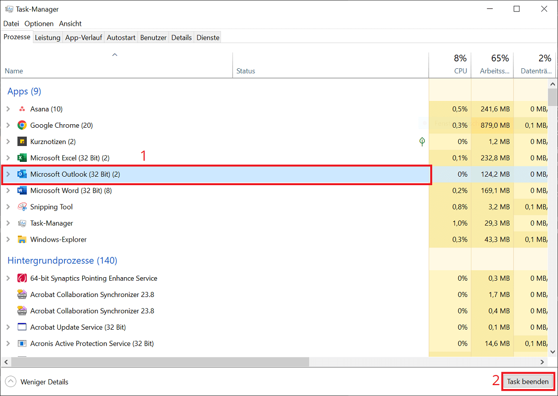 Termina il processo di Outlook in Task Manager