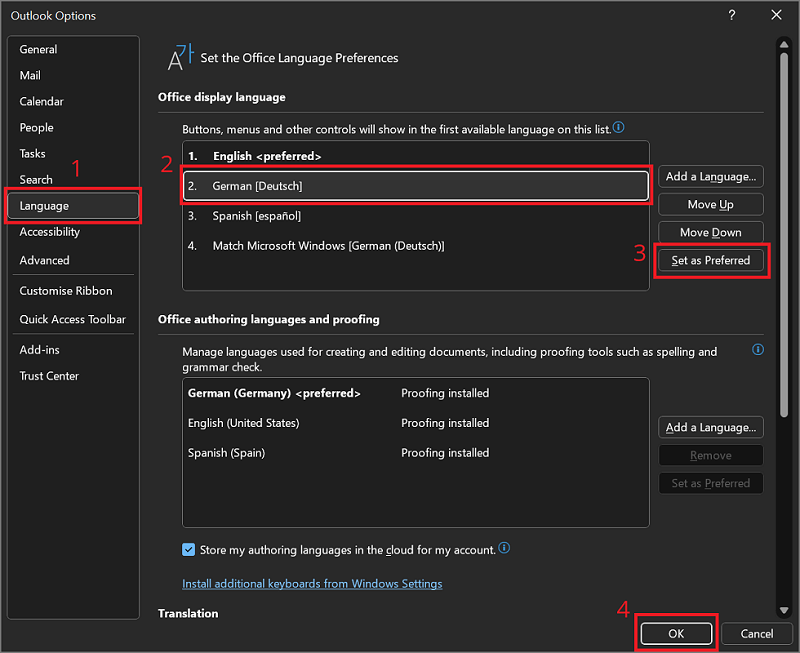 Cambia Outlook dall'inglese al tedesco