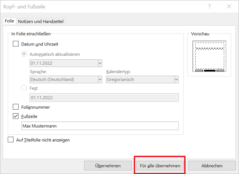 Cambia il piè di pagina su tutte le diapositive in PowerPoint
