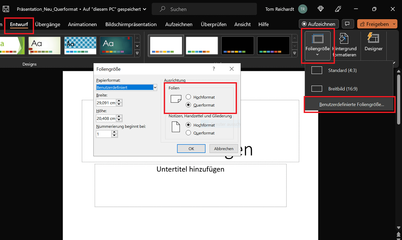 Hochformat in PowerPoint einstellen