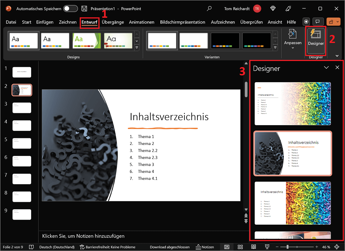 Utilizzare la finestra di progettazione per selezionare un modello per il sommario di PowerPoint