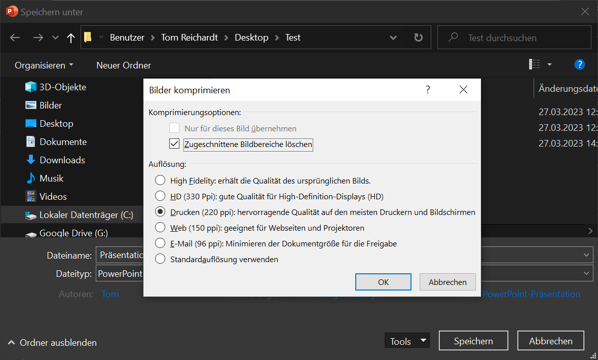 Comprimi la presentazione PowerPoint nelle opzioni