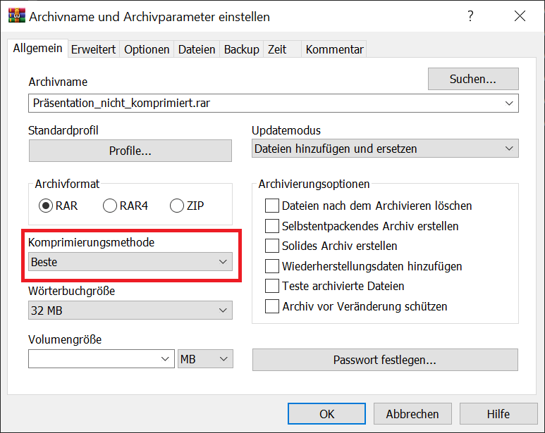 Comprimi la presentazione PowerPoint con WinRar