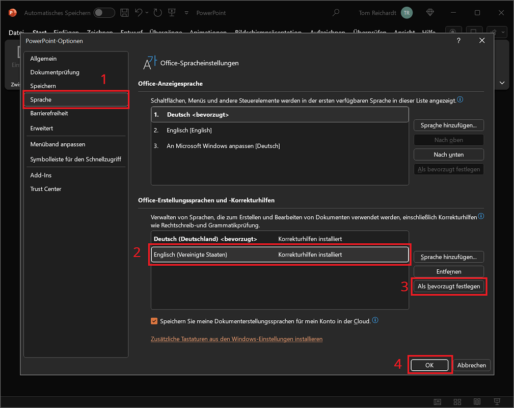 Cambia la lingua di ortografia in PowerPoint