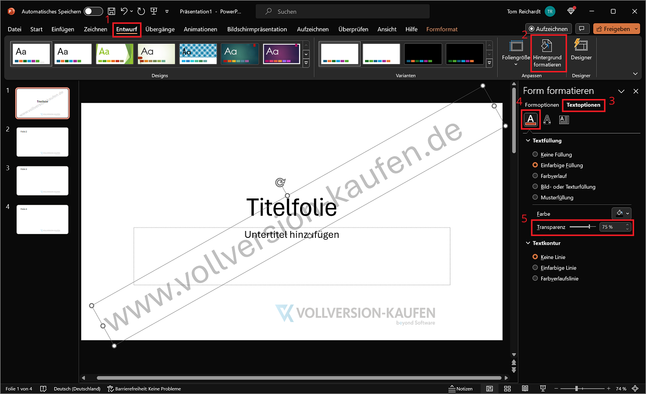 Inserisci la filigrana in PowerPoint come testo