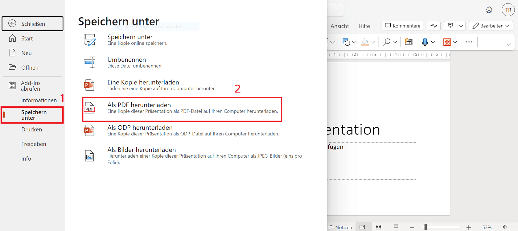 Salva PPTX in PDF nella versione web di PowerPoint