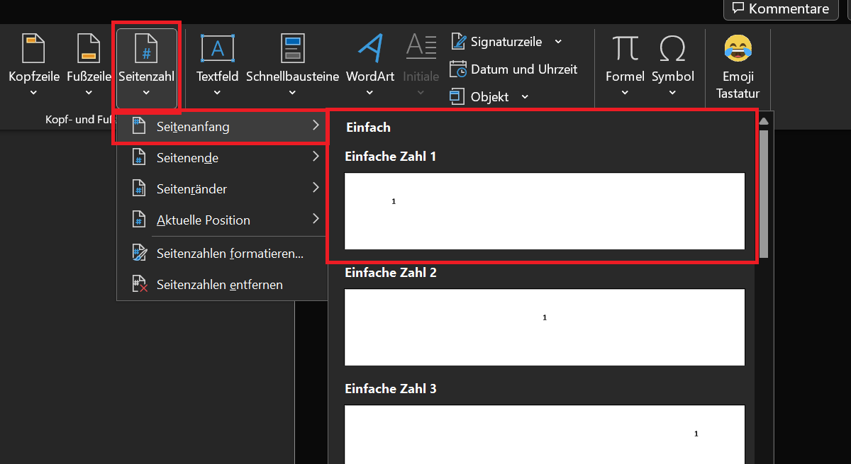 Seitenzahlen einfügen in Word