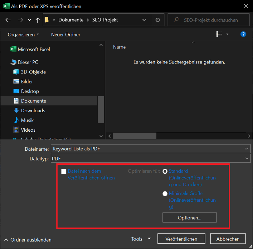 Opzioni di salvataggio per convertire Excel in PDF