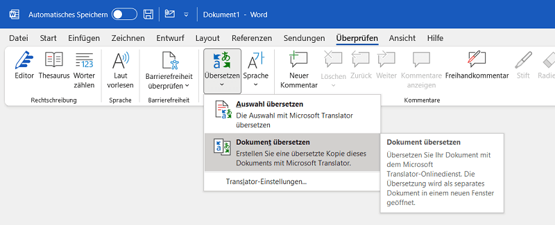 Übersetzungen mit dem Translator in Office 2019 Anwendungen wie Word, Excel und PowerPoint