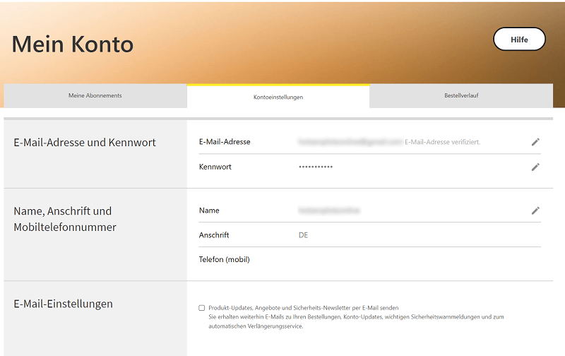 Panoramica dell'account Norton con abbonamenti, impostazioni dell'account e cronologia degli ordini