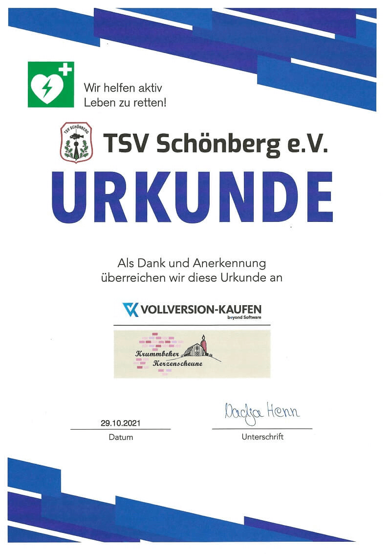 Urkunde des TSV Schönberg an Versione Completa für den neuen Defibrillator