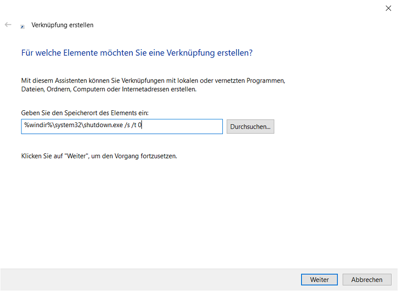 Crea un collegamento e spegni rapidamente Windows