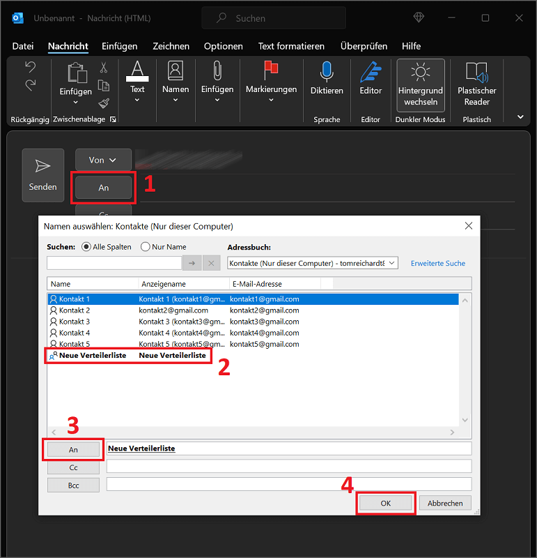 Invia la lista di distribuzione in Outlook