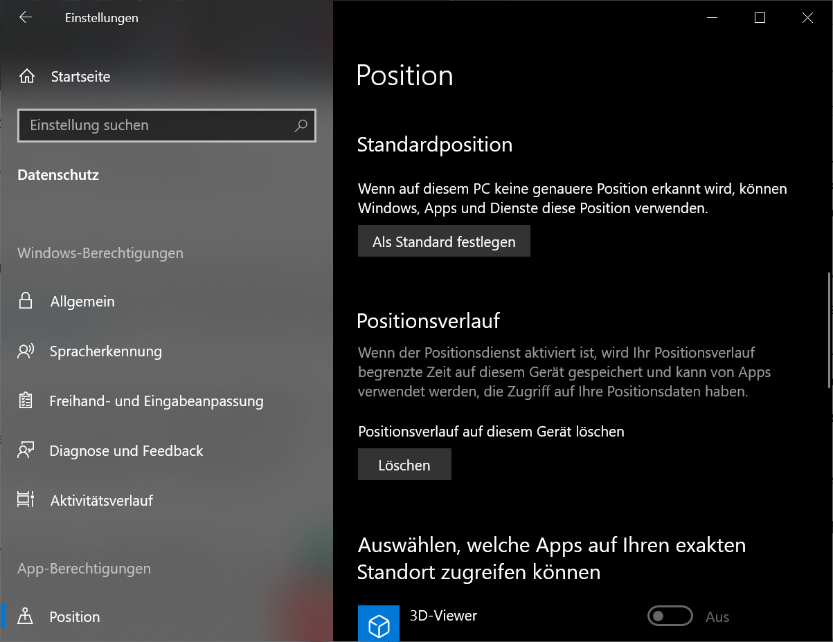 Positionseinstellungen in Windows 10 &auml;ndern