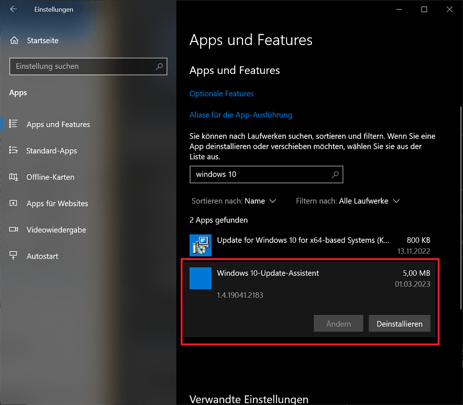 Disinstallare l'Assistente aggiornamento di Windows 10