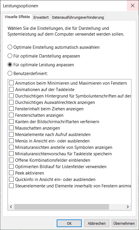 Disabilita gli effetti visivi in Windows 10 in Opzioni prestazioni