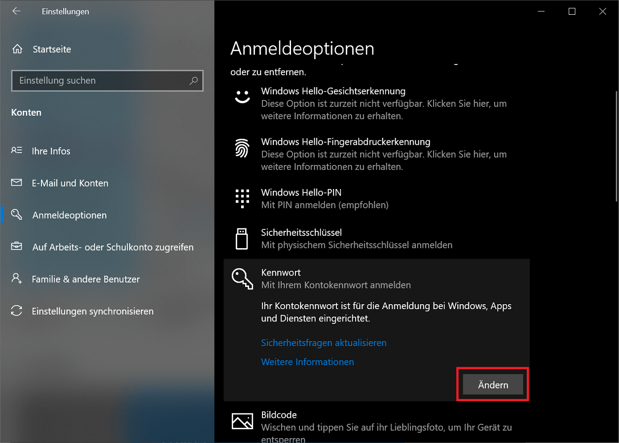 Modifica la password nelle opzioni di accesso di Windows