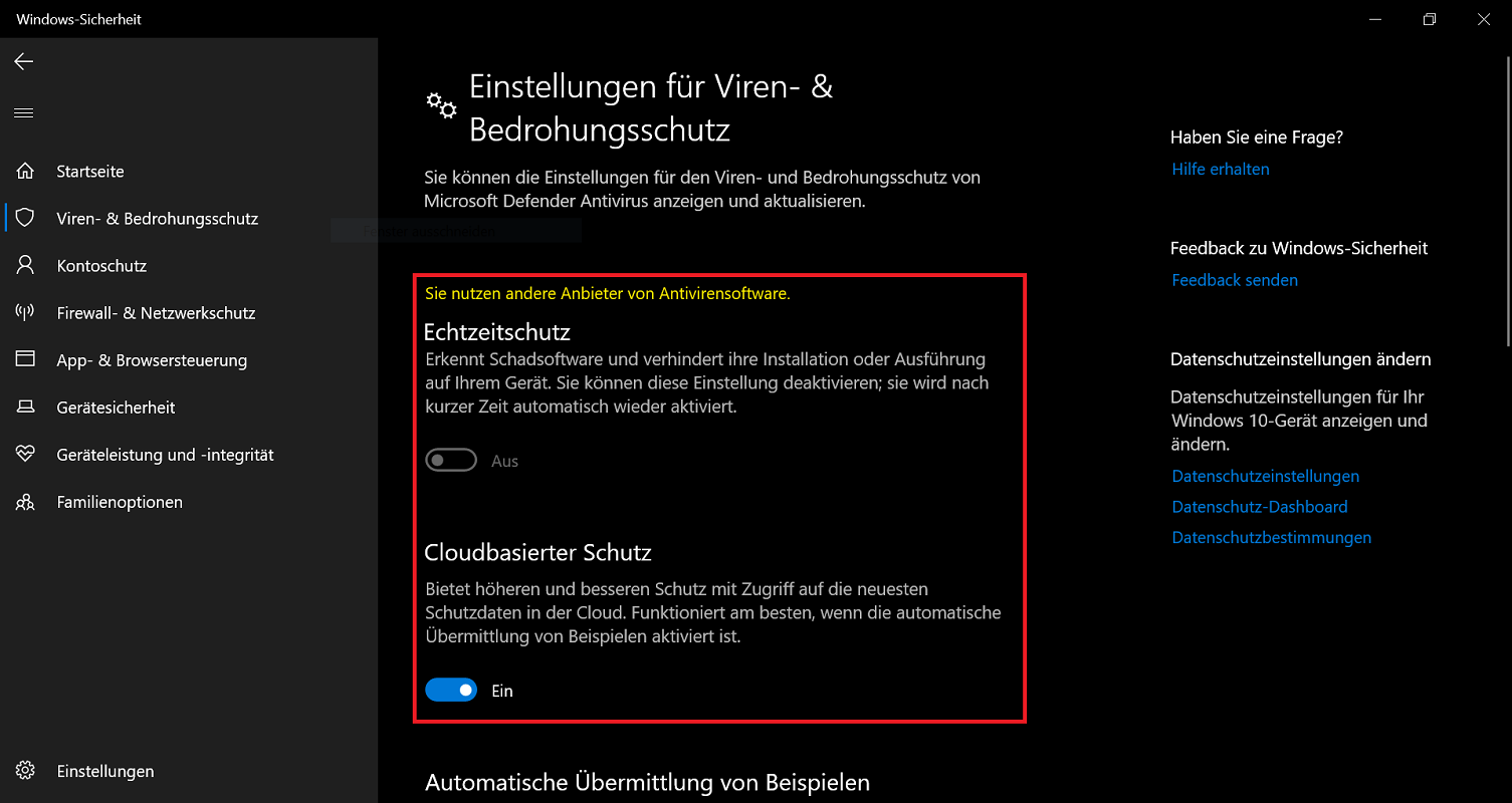 Impostazioni in cui Windows Defender è disabilitato