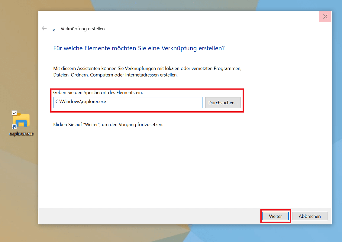 Crea un collegamento per Windows Explorer